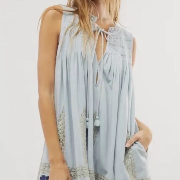 Free People Love All Mini Dress Floral Embroidery Silver Pleated Wash Blue - Picture 6 of 6